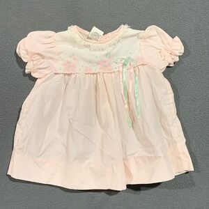 Vintage Pink Floral Embroidered Baby Dress Lace Trim Puff Sleeve 6-9 Months *
